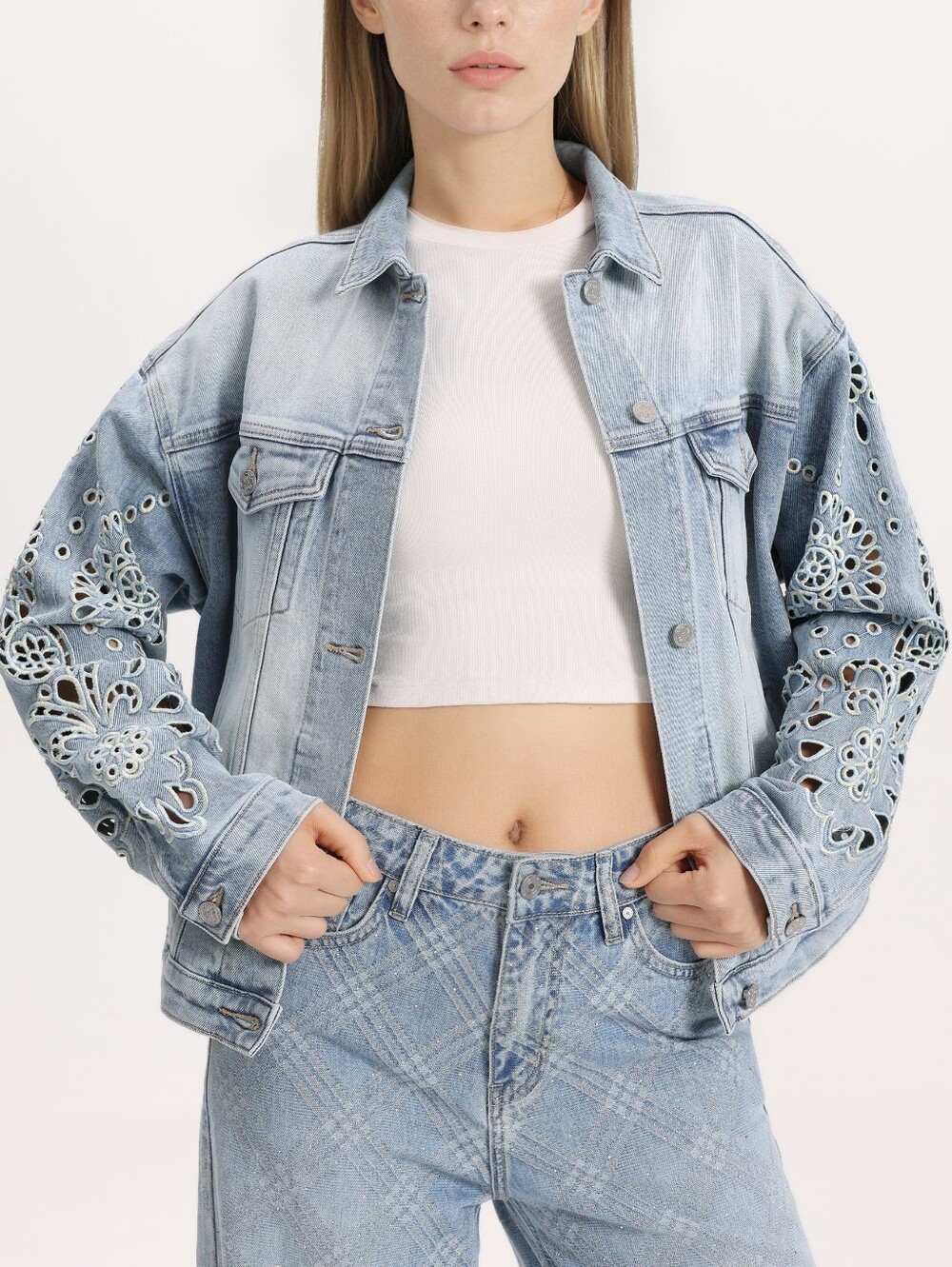 Bayeas Gaia Ombre Wash Eyelet Detail Long Sleeve Denim Jacket